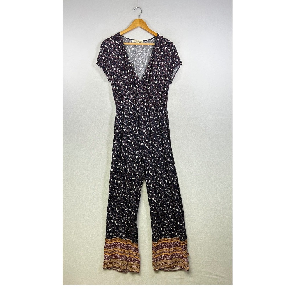 Rewind Floral Jumpsuit Womens Medium Navy Blue‎ Boho Wide Leg V-Neck